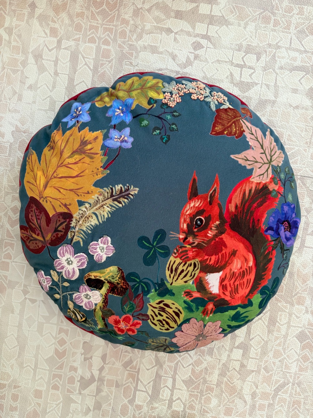 RARE Nathalie l’Été Teal Squirrel Embroidered Round Throw Pillow - Anthropologie